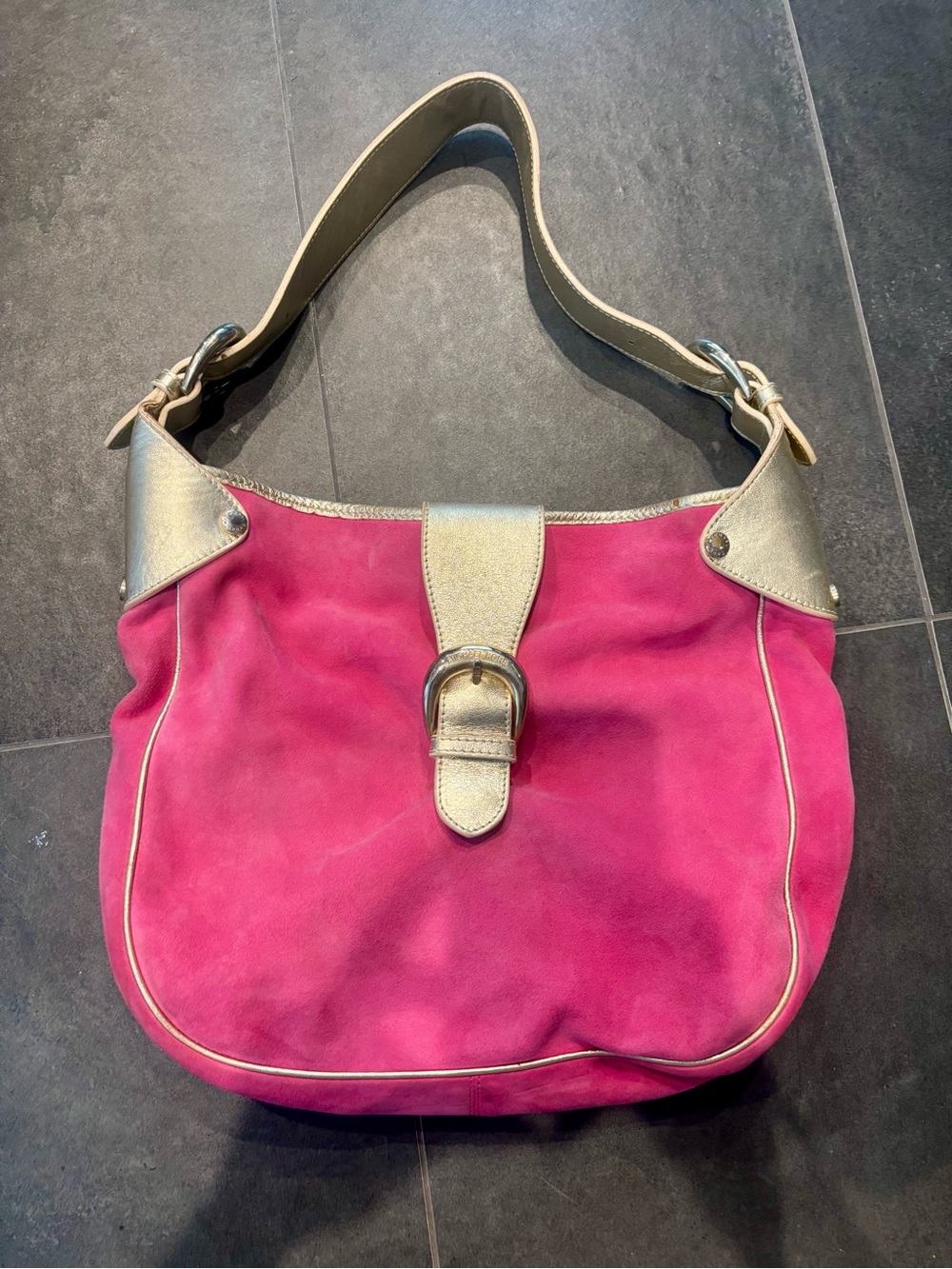 Michael Kors Fuchsia Suede Hobo with Gold Trim